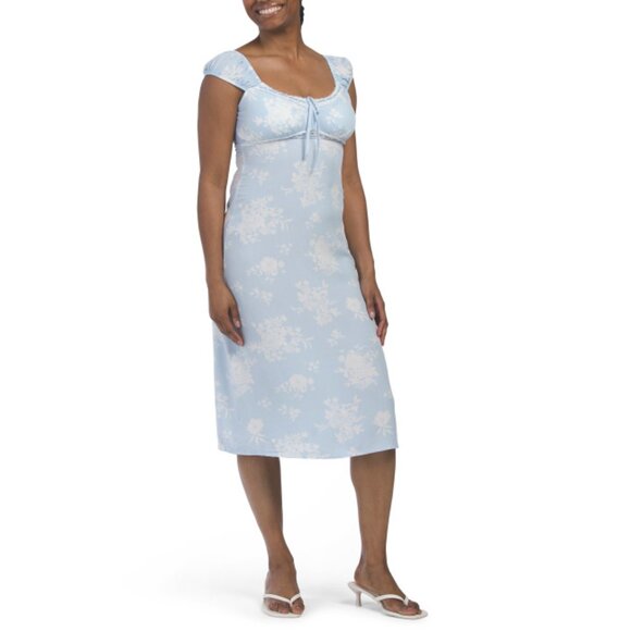 MADDEN GIRL Blue/White Puff Sleeve Dress With Lace Trim - Picture 1 of 2